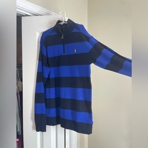 Blue and black striped polo half zip